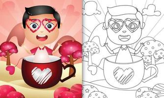 coloring book for kids with a cute boy in the cup themed valentine day vector