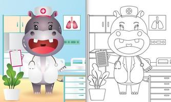 coloring book for kids with a cute hippo nurse character illustration vector