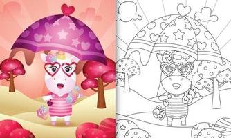 libro para colorear para niños con un lindo unicornio sosteniendo paraguas temático día de san valentín vector