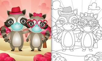 coloring book for kids with Cute valentine's day raccoon couple using protective face mask vector