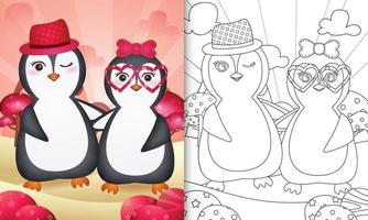 libro para colorear para niños con una linda pareja de pingüinos temática día de san valentín vector