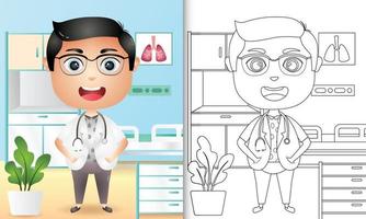 coloring book for kids with a cute boy doctor character illustration vector