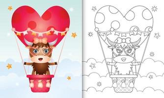 libro para colorear para niños con una linda hembra de búfalo en globo aerostático con tema de amor día de san valentín vector