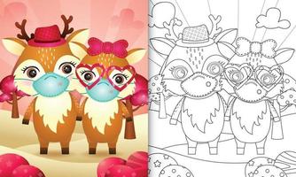 libro para colorear para niños con linda pareja de ciervos del día de san valentín usando mascarilla protectora vector