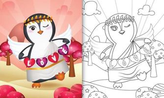 libro para colorear para niños con un lindo ángel pingüino usando un disfraz de cupido sosteniendo una bandera en forma de corazón vector