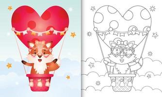 libro para colorear para niños con una linda zorra en globo aerostático con tema de amor día de san valentín vector