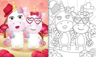 coloring book for kids with a cute unicorn couple themed valentine day vector