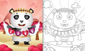 libro para colorear para niños con un lindo ángel panda usando un disfraz de cupido sosteniendo una bandera en forma de corazón vector