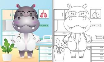 libro para colorear para niños con una linda ilustración de personaje médico hipopótamo vector