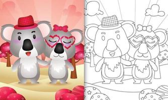 libro para colorear para niños con una linda pareja de koalas con temática de san valentín vector