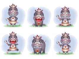 cute hippos collection with apache costume vector