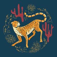 Adorable caza de guepardos con hierba spinifex y cactus vector