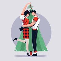 Amor pareja besándose bajo el muérdago durante las vacaciones de Navidad celebrar vector