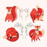 Set of Fox Animal with Foliage Background vector