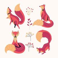 Set of Fox Animal with Foliage Background vector