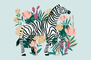 Wild zebra with exotic tropical flower background