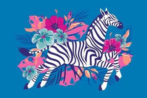 Wild zebra with exotic tropical flower background