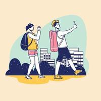 Young tourists with a backpack walking and taking selfies vector