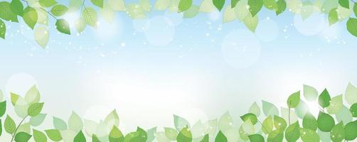 Seamless watercolor fresh green background with text space, vector illustration. Environmentally conscious image with plants, blue sky, and sunlight. Horizontally repeatable.