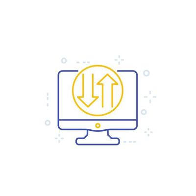 Data transfer icon on screen, line vector