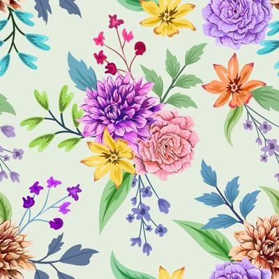 Colorful seamless pattern with botanical floral design on light background.