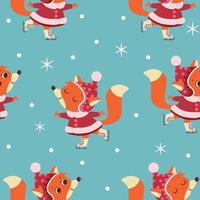 Winter seamless pattern with fox in coat on ice rink. Vector illustration.