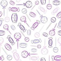 Purple and pink seamless pattern with lollipop and candy sketches. Repetitive party background with delicious sweets. vector