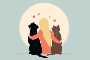 Love my dog. dog, pet, friendship, care concept. Pet lover, best friend. Human and animal friendship concept. Cartoon cute woman hug dog vector.