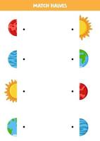 Coinciden con las mitades del planeta del sistema solar y el sol. juego de lógica para niños. vector