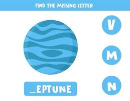 Find missing letter with cartoon Neptune. Spelling worksheet. vector