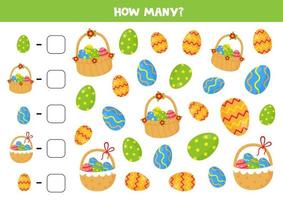 Counting game with Easter eggs and baskets. Math worksheet. vector