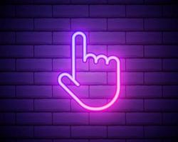 Neon sign hand pointing finger. Pink sign on a brick wall background. vector illustration.