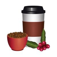 granos de café y hojas con taza para llevar vector