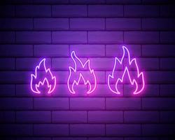 Simple fire flame icon. Pink neon style on brick wall background. Light icon