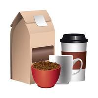 coffee beans in box and mug with takeaway cup vector