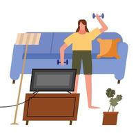 Mujer levantando pesas y viendo la televisión en casa diseño vectorial vector