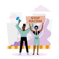 stop racism black lives matter banner with megaphone, woman, and man vector design