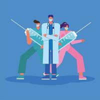 Health care workers with syringes vector