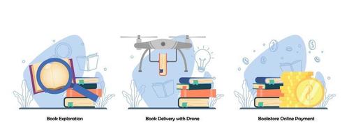 búsqueda de libros, entrega de libros, librería digital, conjunto de iconos de pago en línea. exploración de libros, entrega de libros con drone, pago online. vector diseño plano aislado concepto metáfora ilustraciones