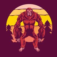 caminar bigfoot o sasquatch con fondo de puesta de sol vector