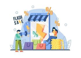 Promoción de comercio electrónico concepto de venta flash. un hombre sostenga el megáfono. oferta especial, promoción de tienda de comercio electrónico, metáfora abstracta de ingresos minoristas. se puede utilizar para promoción, póster, banner web, movimiento. vector