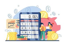 concepto de cursos de contabilidad. Gran calculadora y hucha con hombre y mujer sentados en monedas pegadas. se puede utilizar para páginas de destino, web, interfaz de usuario, banners, plantillas, fondos, flayer. vector