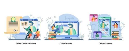 Online Training, certification, online classes, distance education, icon set.online certification courses, online teaching, online classroom. Vector flat design isolated concept metaphor illustrations