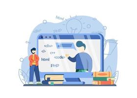 concepto de cursos de ti en línea. los estudiantes aprenden lenguajes de programación con el profesor en la pantalla. educación a distancia, aprendizaje por internet, programación de computadoras. ilustración vectorial para banners web, página de destino vector