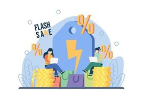 Promoción de comercio electrónico concepto de venta flash. las mujeres se sientan en una pila de monedas con una etiqueta de gran descuento. oferta especial, promoción de tienda de comercio electrónico. se puede utilizar para promoción, póster, banner web, movimiento. vector