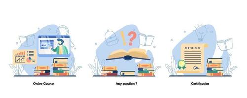 Online Webinar, Q and A, academic achievement icon set. Online Courses, Any Question, Certification. Vector flat design isolated concept metaphor illustrations