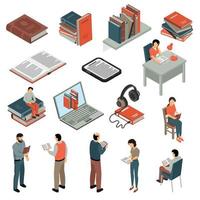 isometric book reading set vector