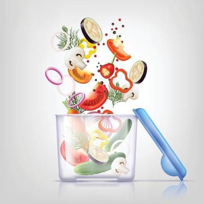 plastic food containers and vegetables realistic