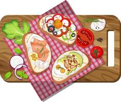 Top view of breakfast set on a cutting board isolated vector