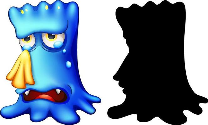 Blue monster crying with its silhouette on white background